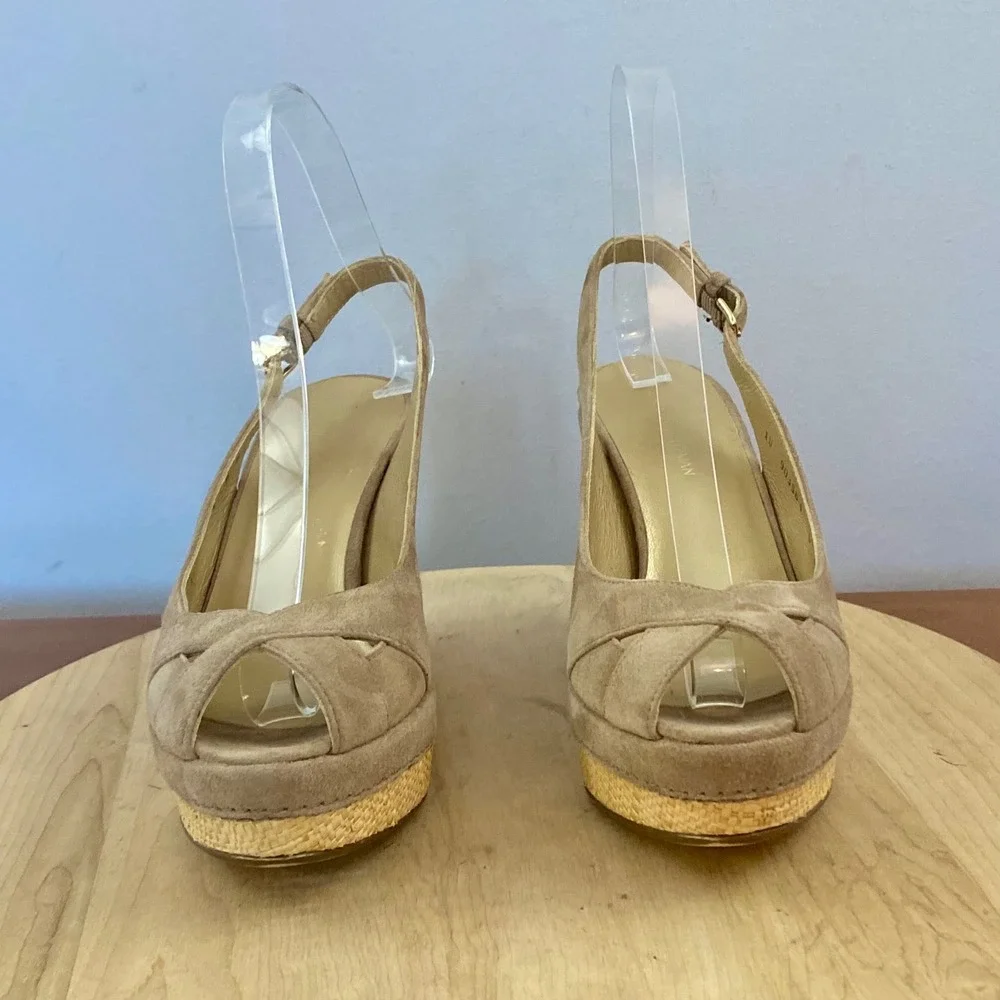 Stuart Weitzman Jean Taupe Suede Slingback Wedge Sandals Womens Sz 6 M Platform